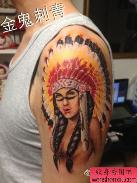 男性手臂漂亮的印第安美女纹身图案
