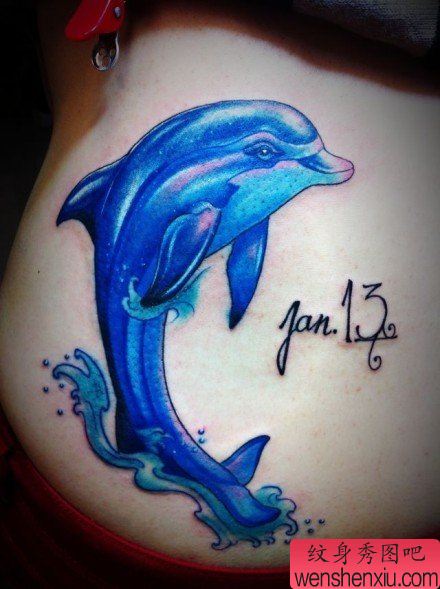 美女腰部漂亮的彩色海豚纹身图案