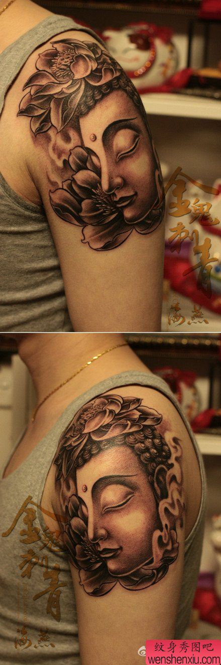 男性手臂流行经典的佛头与莲花纹身图案