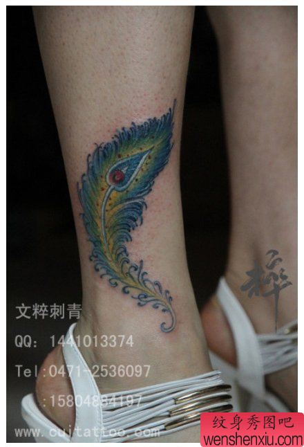 女生小腿流行精美的羽毛纹身图案