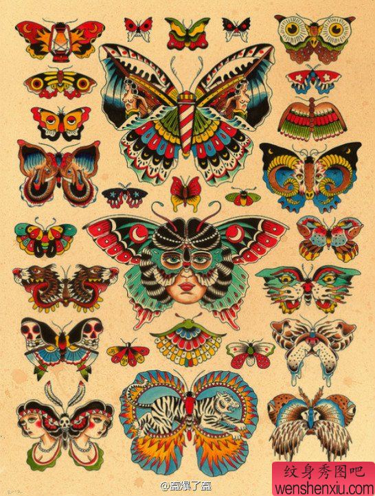 漂亮流行的一组蝴蝶纹身手稿