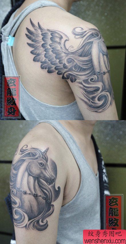 男生手臂流行经典的独角兽纹身图案