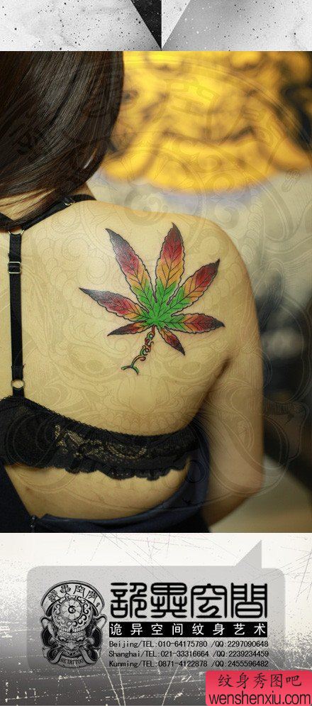 女生背部漂亮精美的叶子纹身图案