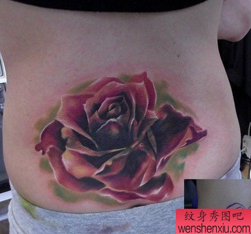 女生腰部流行经典的欧美彩色玫瑰花纹身图案