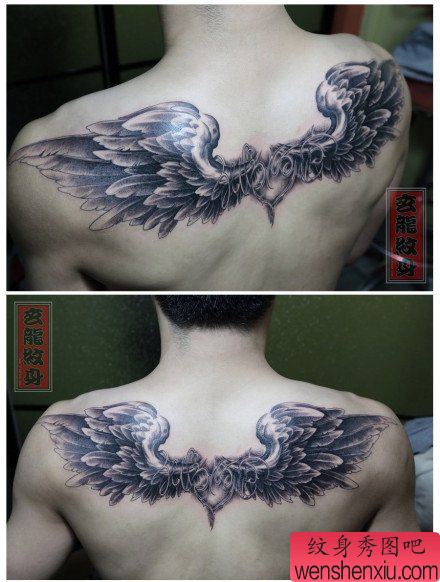男生背部流行经典的翅膀纹身图案