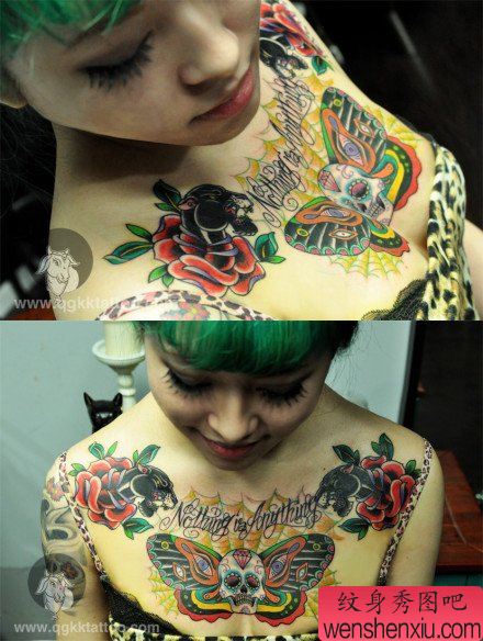 美女前胸流行精美的骷髅蝴蝶纹身图案