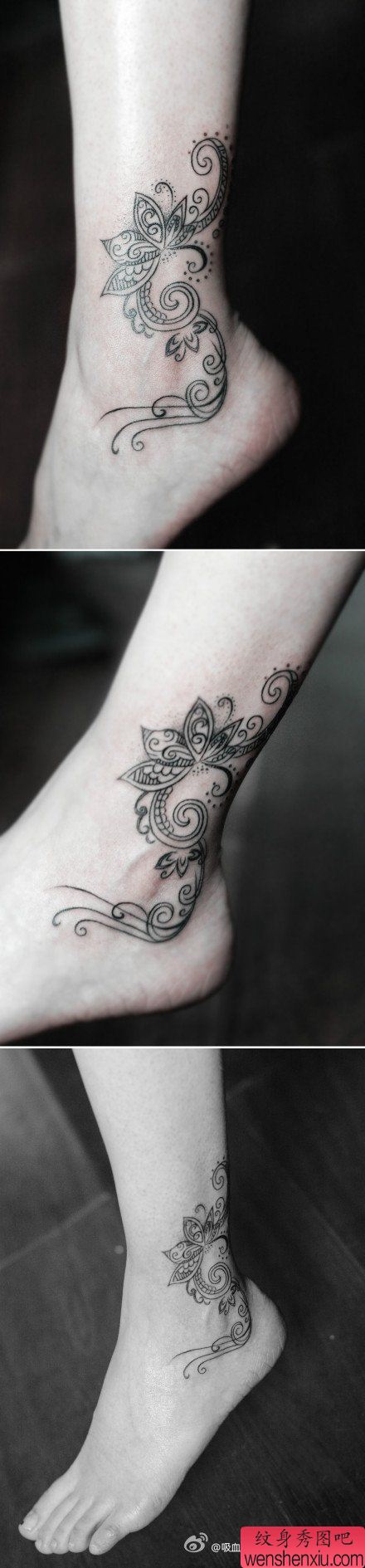 女性脚踝处流行精美的莲花藤蔓纹身图案
