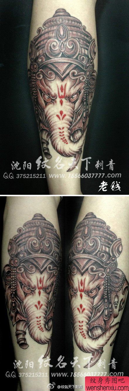 腿部经典凶悍的象神纹身图案