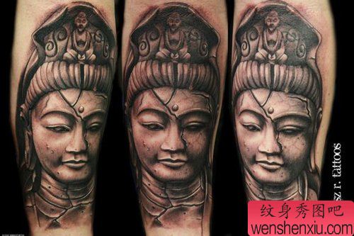 一幅流行经典的石雕观音纹身图案