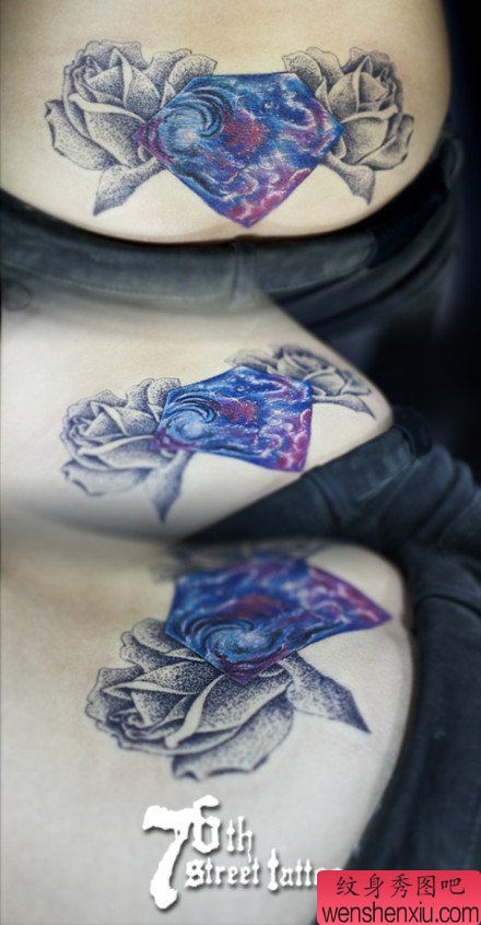 美女腰部流行经典的星空钻石玫瑰花纹身图案