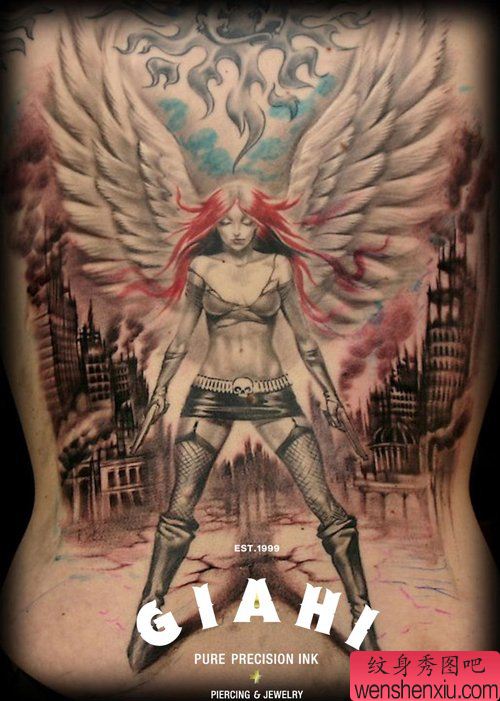 漂亮经典的满背美女纹身图案