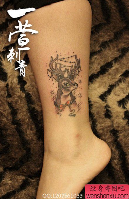 女孩子腿部可爱时尚的小鹿纹身图案