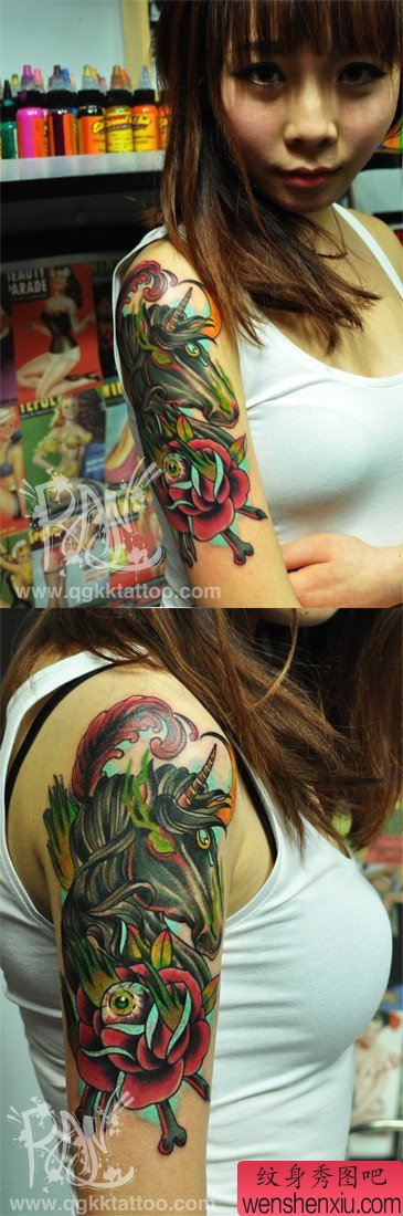 女孩子手臂流行经典的独角兽纹身图案