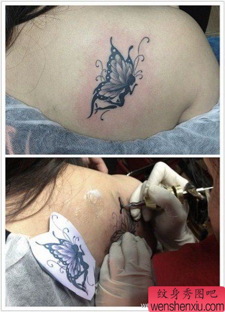 女性肩背流行唯美的蝴蝶纹身图案