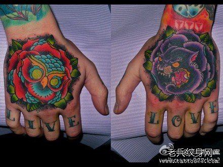 手臂流行经典的猫头鹰与豹子纹身图案