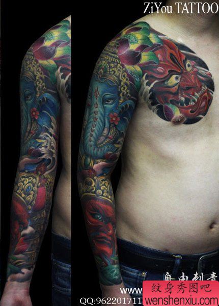 超酷的男性的半胛花臂般若象神纹身图案