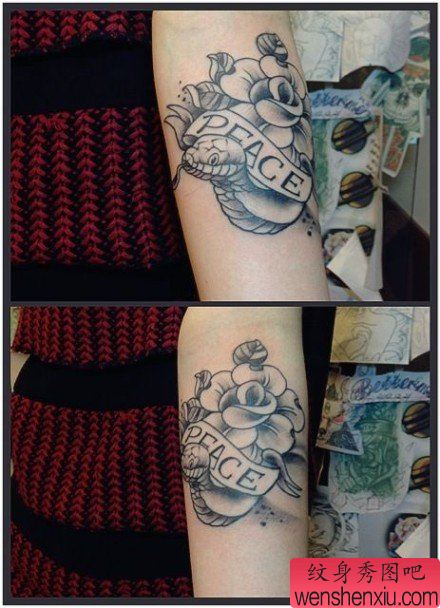 女生手臂流行精美的小蛇与玫瑰花纹身图案