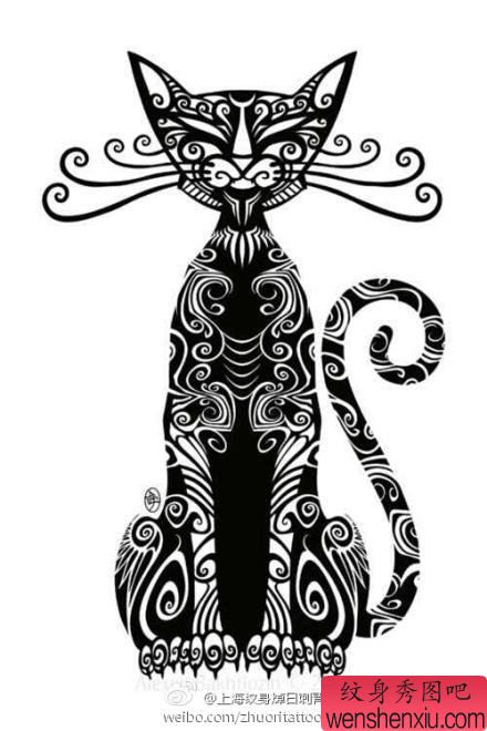 一幅流行经典的图腾猫咪纹身手稿