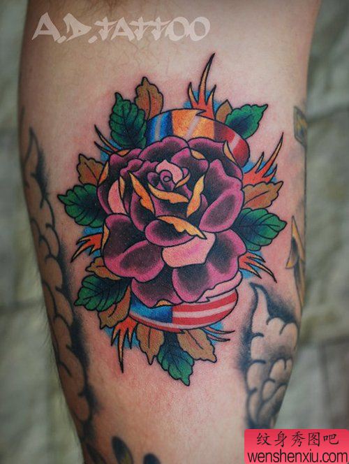 漂亮精美的彩色玫瑰花纹身图案