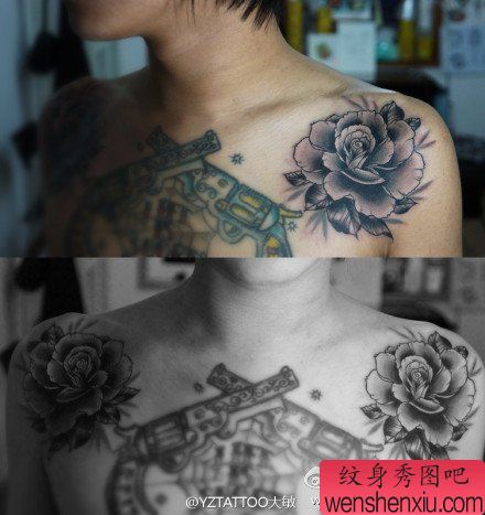 男生肩膀处好看精美的黑灰玫瑰花纹身图案