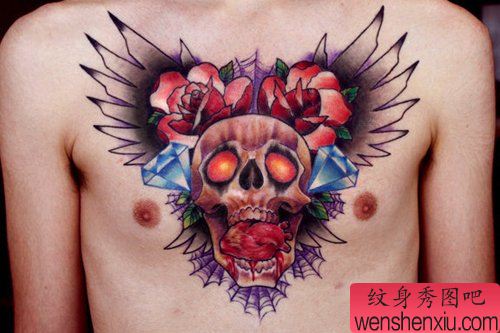 男性前胸超酷的彩色骷髅纹身图案