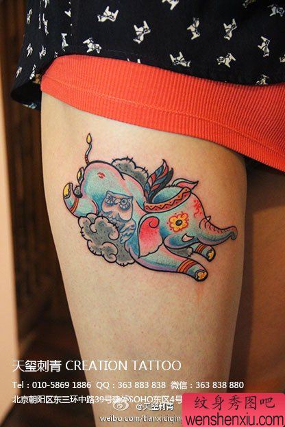 美女腿部可爱的小象纹身图案