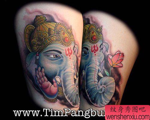 腿部一幅经典帅气的象神纹身图案