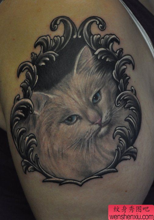 手臂一幅经典帅气的白色猫咪纹身图案
