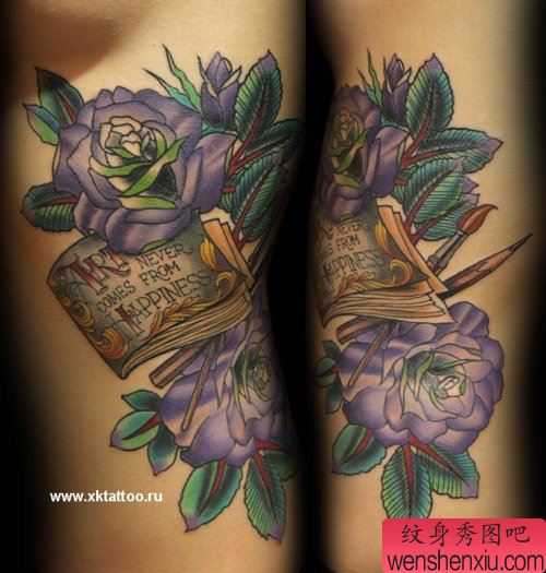 女生侧腰流行的new school玫瑰花纹身图案