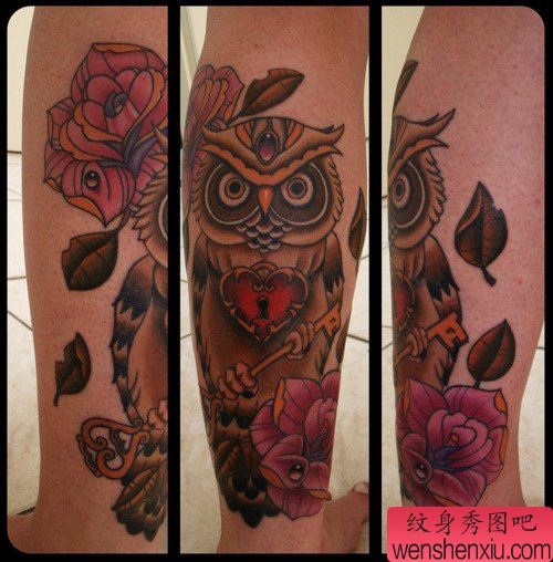 腿部帅气经典的old school猫头鹰纹身图案