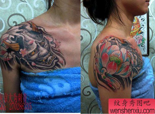 南京纹身作品展示：一幅美女的半胛般若与莲花纹身图案