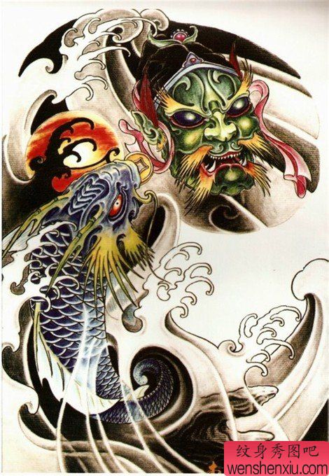半胛莲花纹身图案：彩色鳌鱼鬼头纹身图案