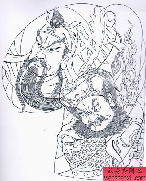 三国人物之半胛关公张飞纹身手稿图案割线图线稿图片