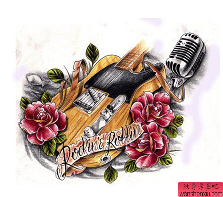 纹身秀图吧分享一幅school玫瑰花吉他纹身图案手稿