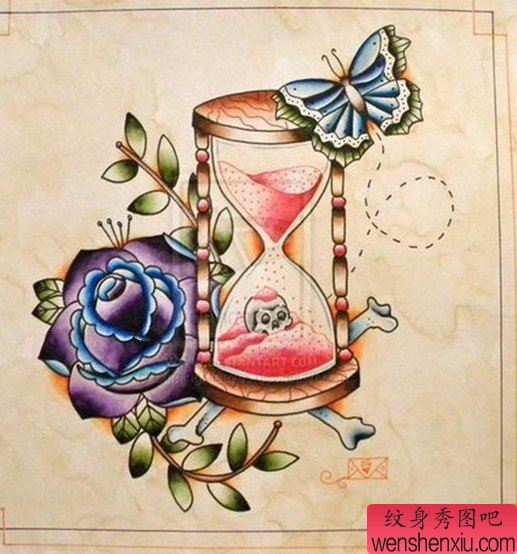 很适合女人的school沙漏玫瑰花纹身图案