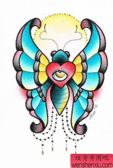 纹身秀图吧推荐一幅彩色蝴蝶手稿纹身图案