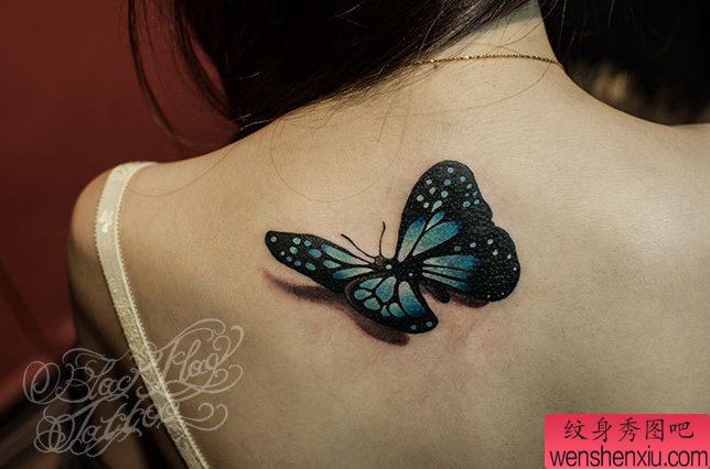 女人肩部3d蝴蝶立体纹身图案