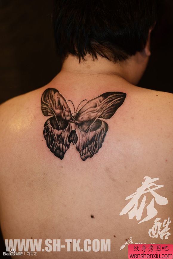 一幅男性背部骷髅蝴蝶纹身图案