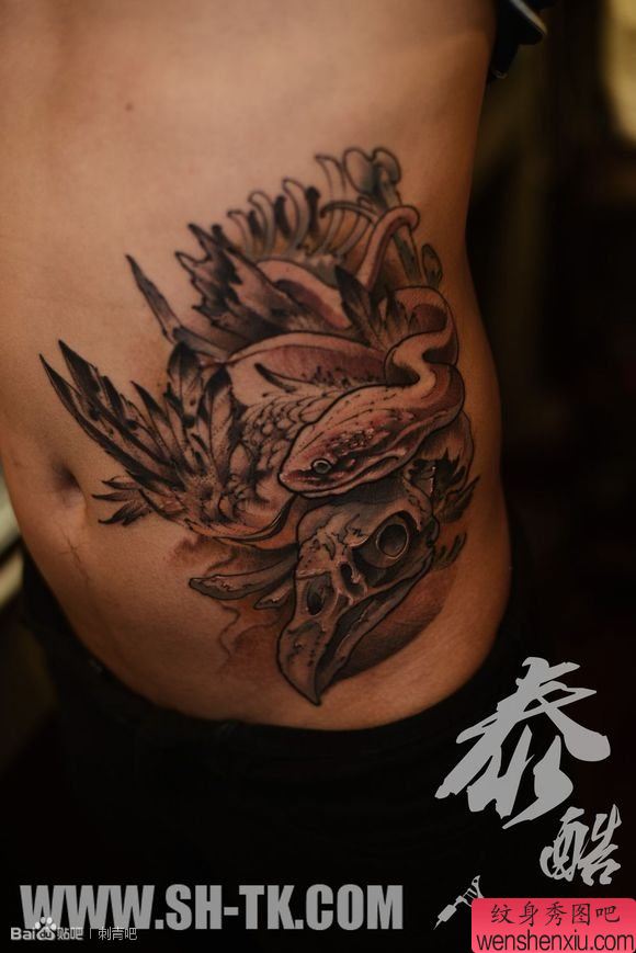 男性腹部蛇鹰之图纹身图案