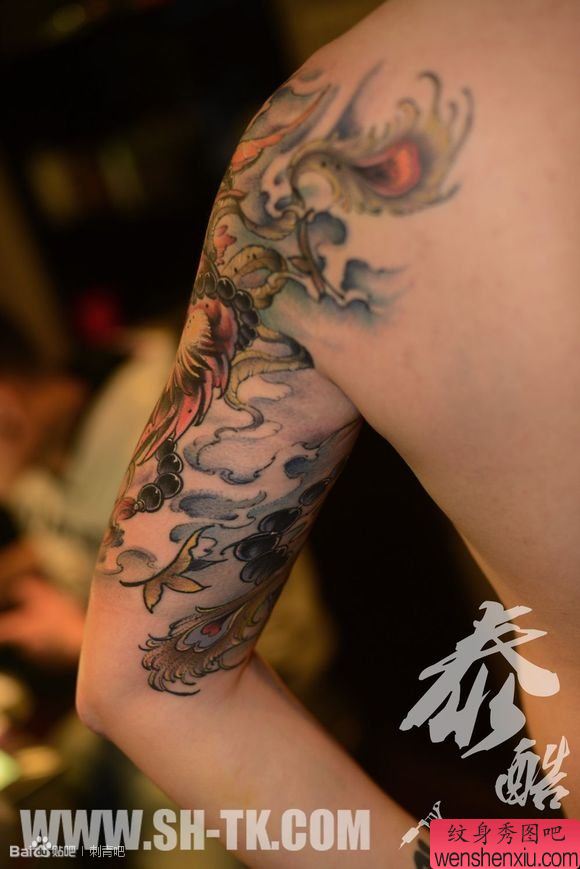 男性胳膊凤凰佛珠(一)纹身图案