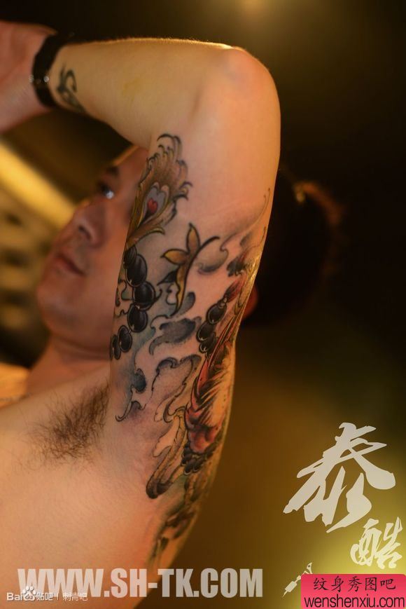 男性胳膊凤凰佛珠(四)纹身图案