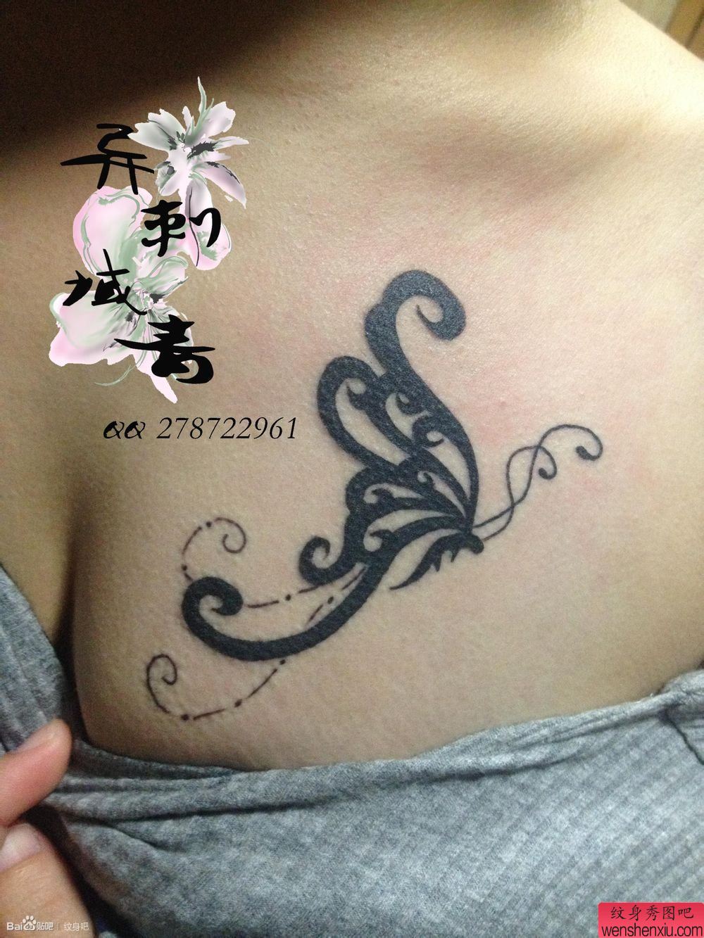 女人胸部蝴蝶纹身图案