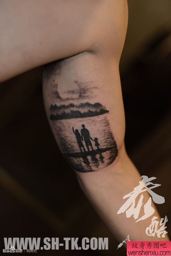 胳膊风景画看日出纹身图案