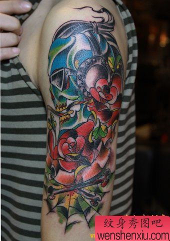 胳膊骷髅玫瑰花蜘蛛网纹身图案