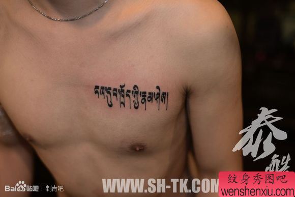 胸部个性经典梵文纹身图案