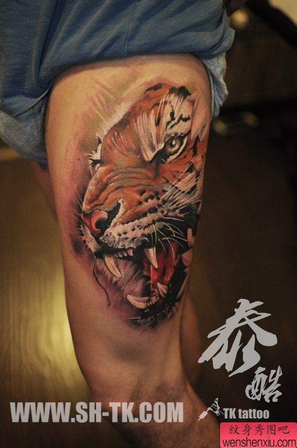 腿部凶残虎纹身图案