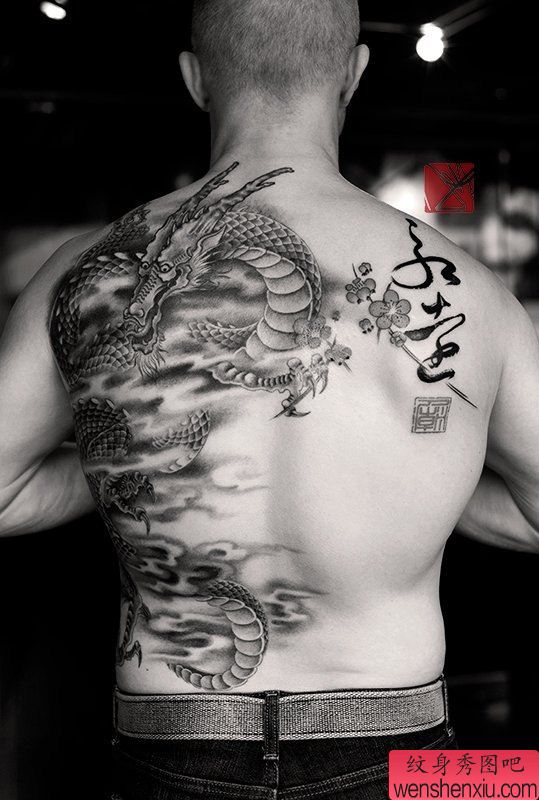 背部一幅个性半背云雾龙凤凰纹身图案