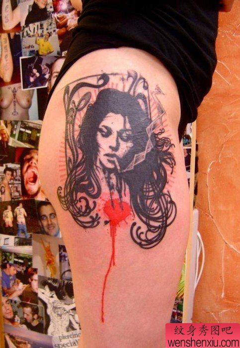 腿部之特别风格人物肖像花腾纹身图案