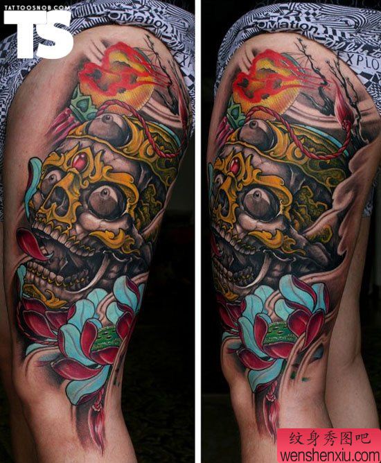 腿部一幅创意嘎巴拉文身作品