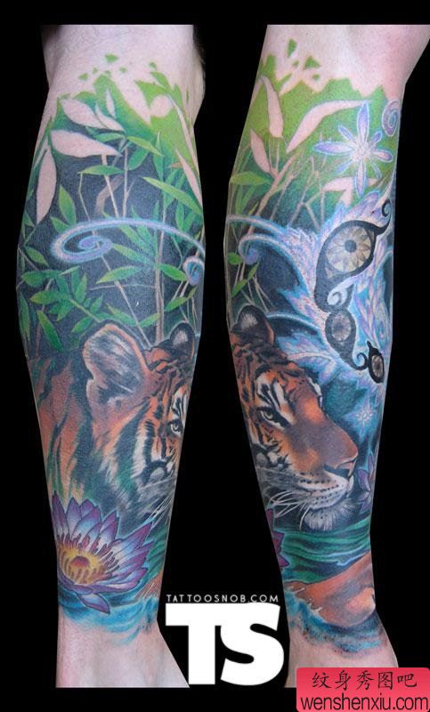 腿部一幅包腿虎文身作品